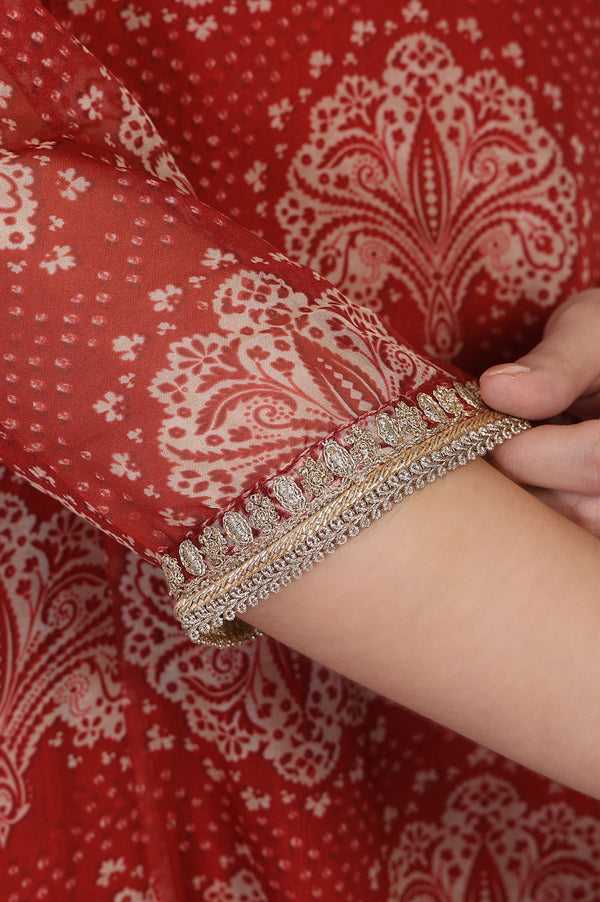 Maroon Ethnic Motifs Printed Zari Work Flared Organza Kurta