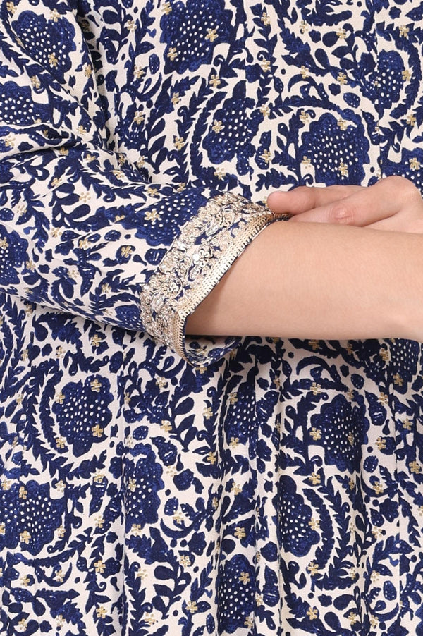 W for Woman Blue Floral Thread Work Flared Rayon Kurta