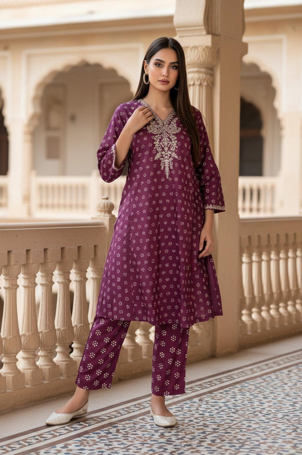 Purple Floral Print Embroidered Straight Silk Kurta