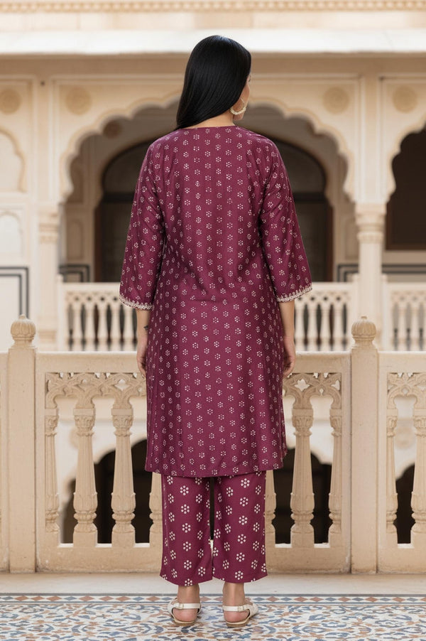 Purple Floral Print Embroidered Straight Silk Kurta