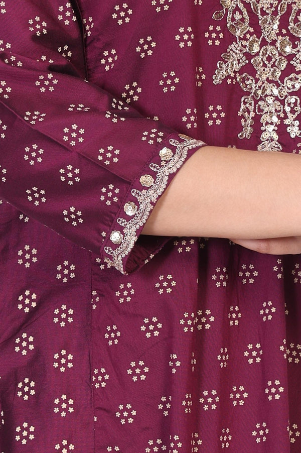 Purple Floral Print Embroidered Straight Silk Kurta
