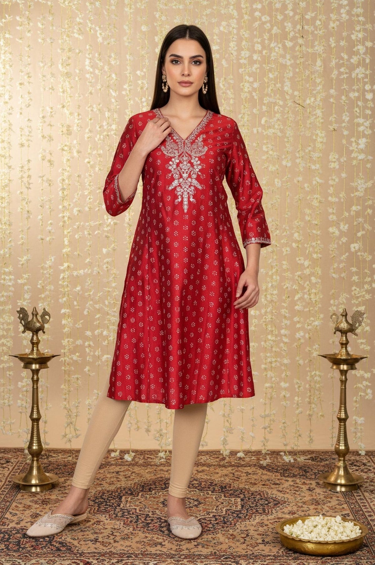 Red Floral Print Embroidered Straight Silk Kurta - XS