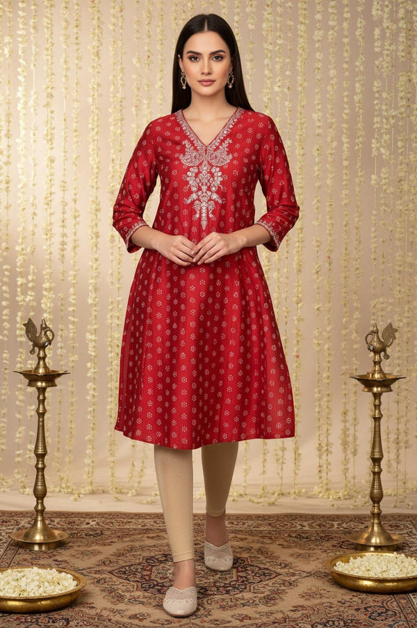 Red Floral Print Embroidered Straight Silk Kurta