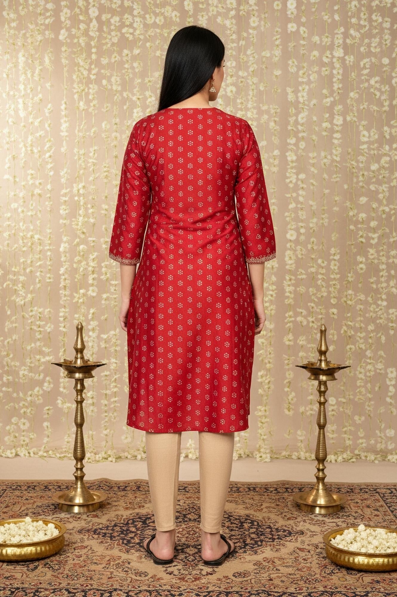 Red Floral Print Embroidered Straight Silk Kurta
