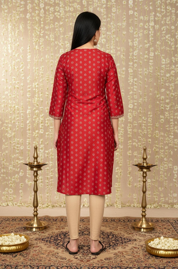 Red Floral Print Embroidered Straight Silk Kurta