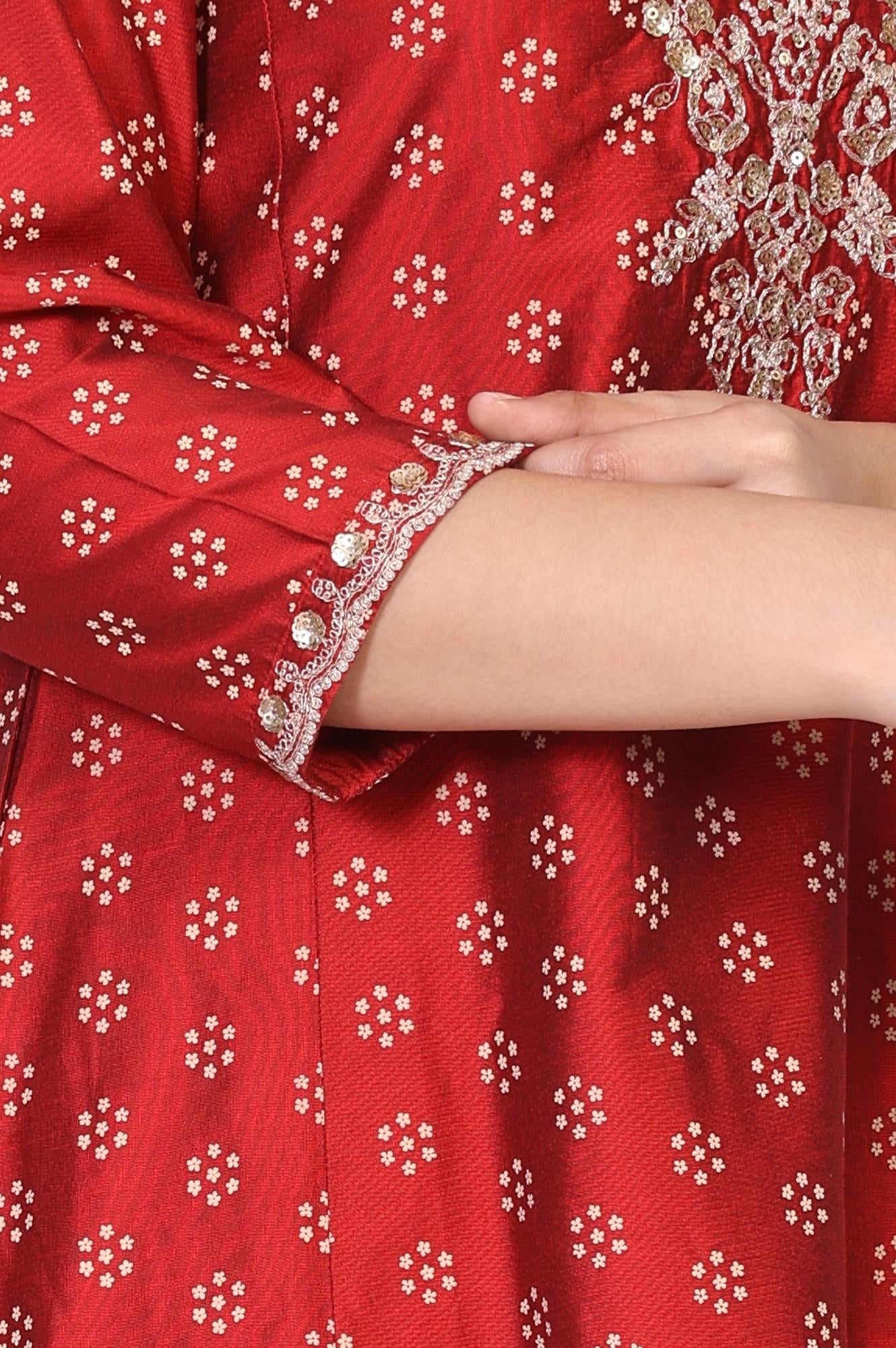 Red Floral Print Embroidered Straight Silk Kurta