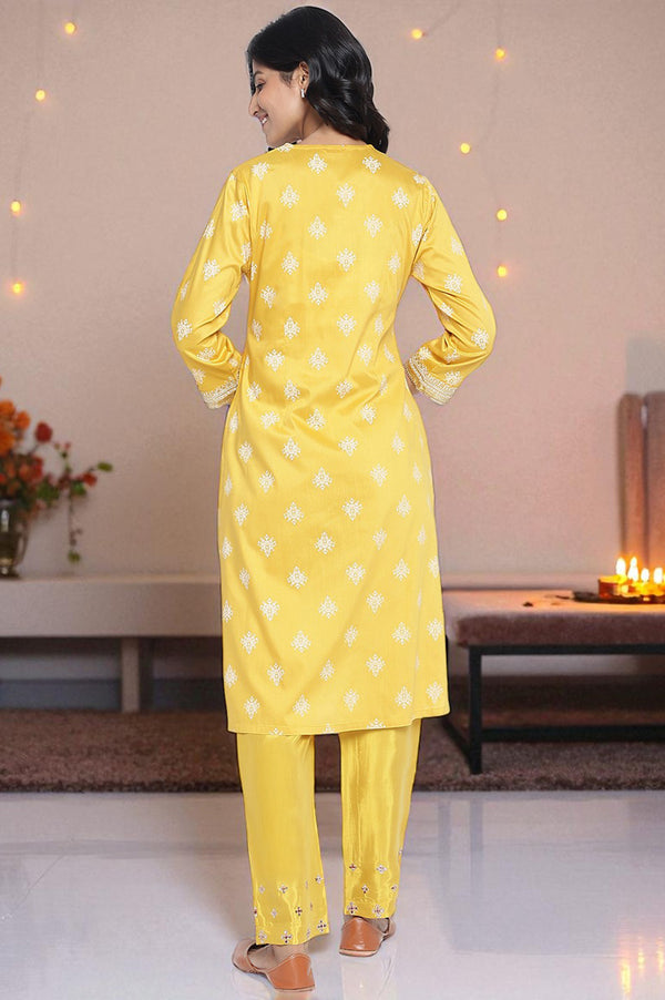 Mustard Yellow Printed A-line Kurta