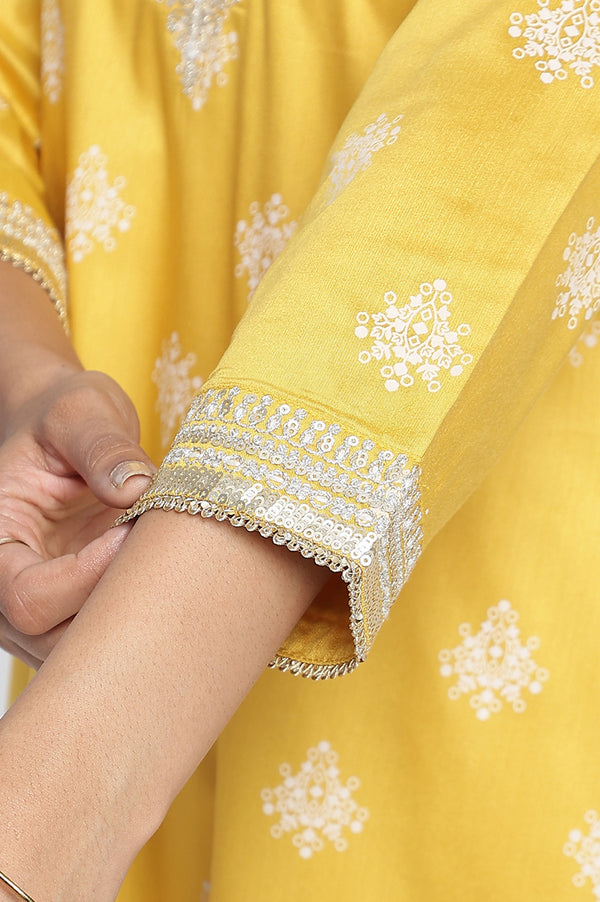Mustard Yellow Printed A-line Kurta