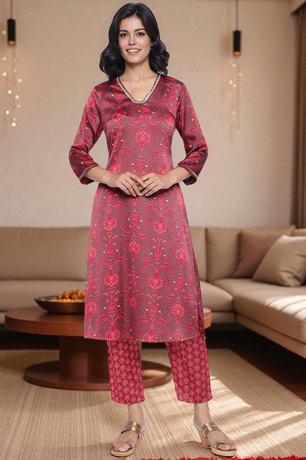 Chocolate Brown Printed Japanese Satin A-line Kurta - XS