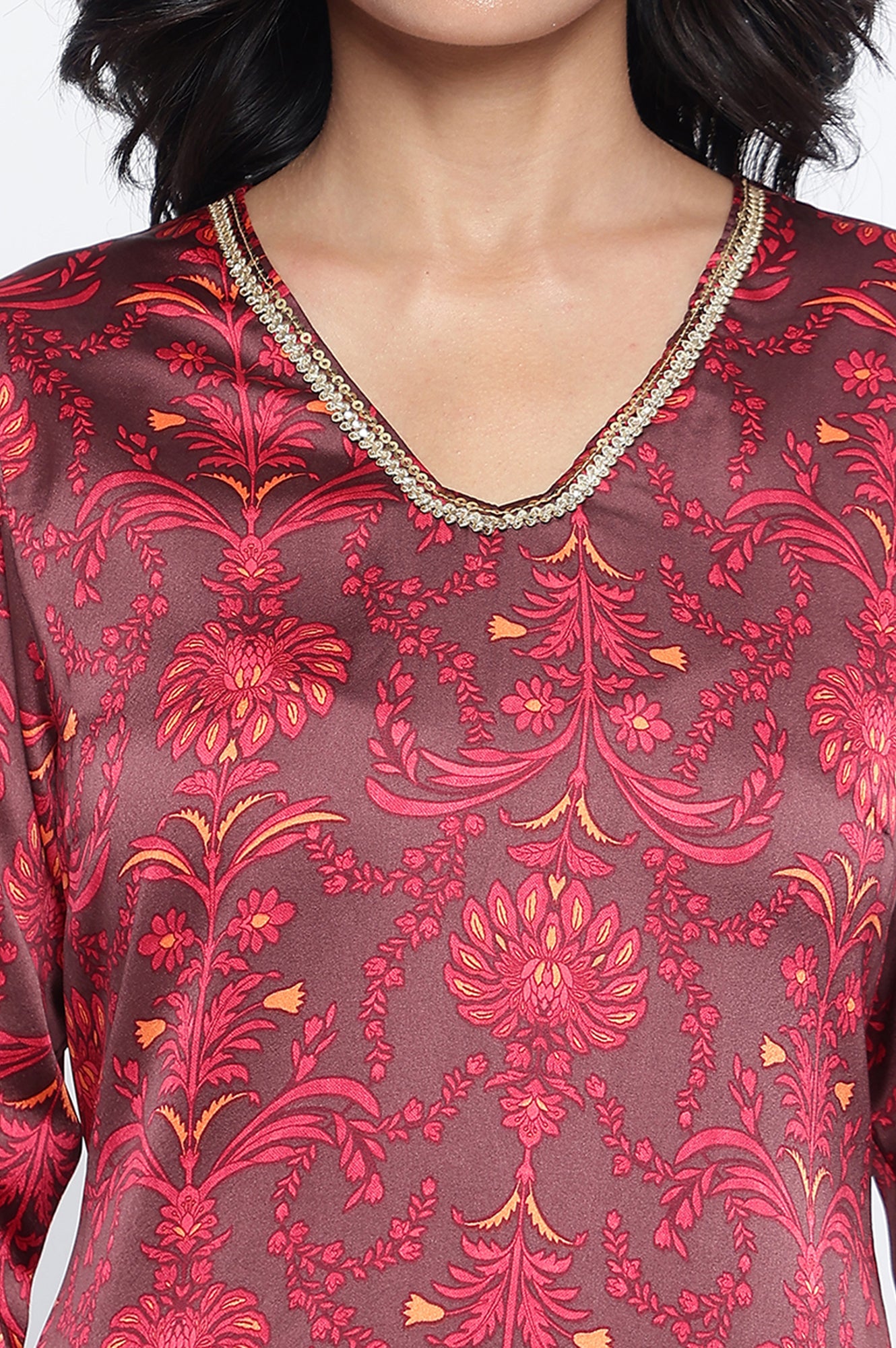 Chocolate Brown Printed Japanese Satin A-line Kurta