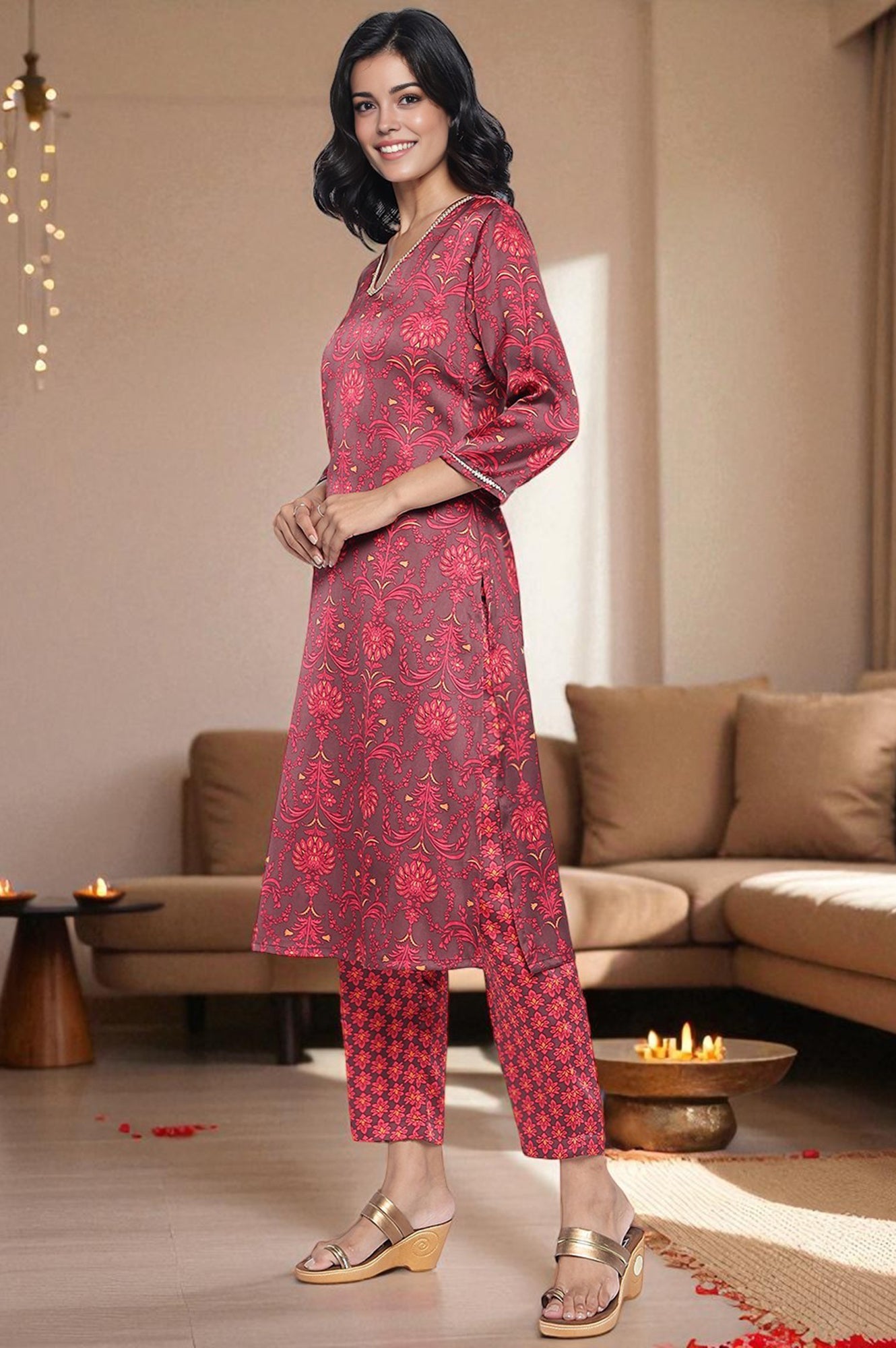 Chocolate Brown Printed Japanese Satin A-line Kurta