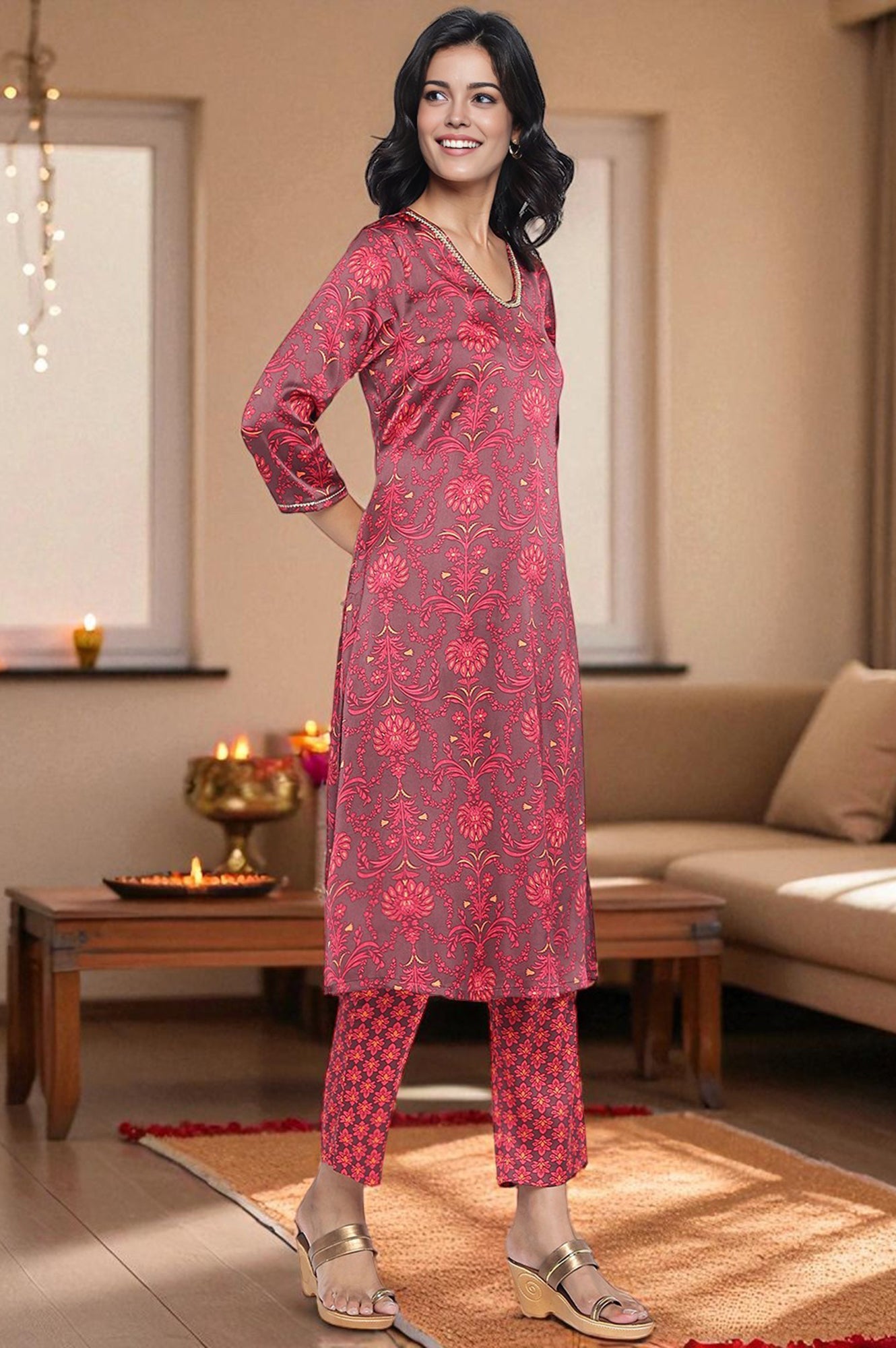 Chocolate Brown Printed Japanese Satin A-line Kurta