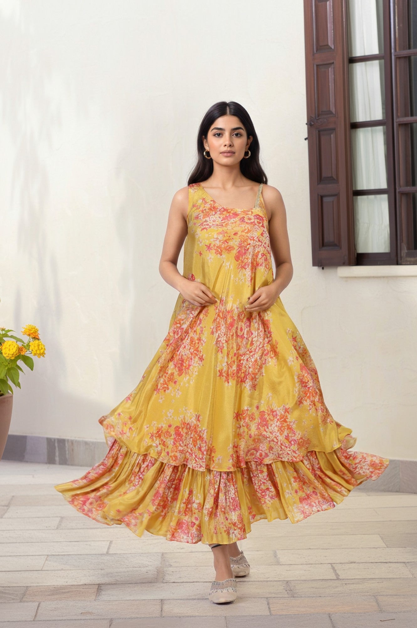 Yellow Ethnic Motifs Zari Fit and Flare Tissue Dress