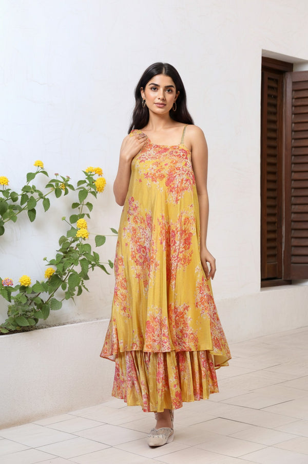Yellow Ethnic Motifs Zari Fit and Flare Tissue Dress