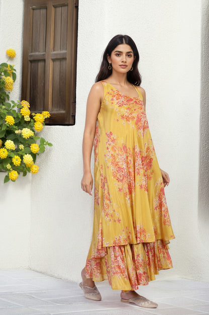 Yellow Ethnic Motifs Zari Fit and Flare Tissue Dress
