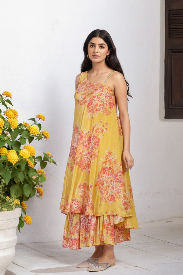 Yellow Ethnic Motifs Zari Fit and Flare Tissue Dress