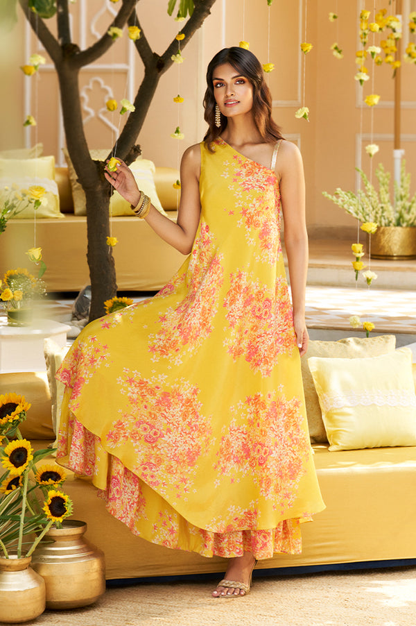 Yellow Ethnic Motifs Zari Fit and Flare Tissue Dress