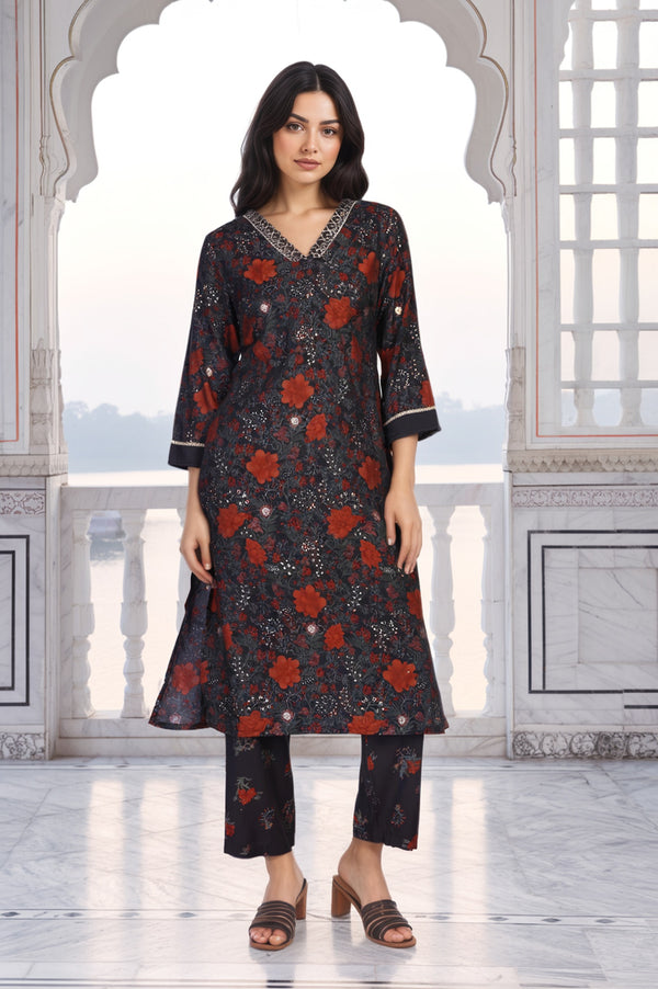 Black Floral Embroidered Straight Crape Kurta