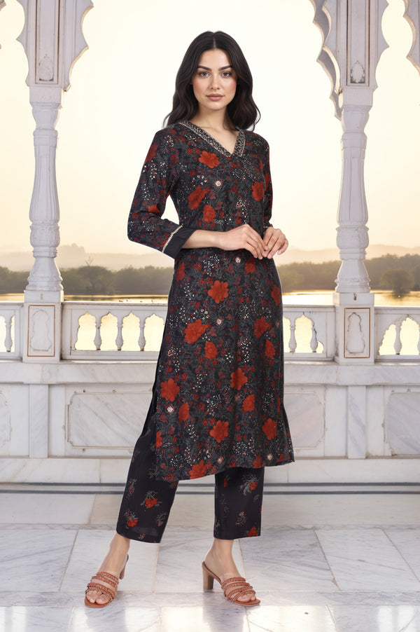 Black Floral Embroidered Straight Crape Kurta
