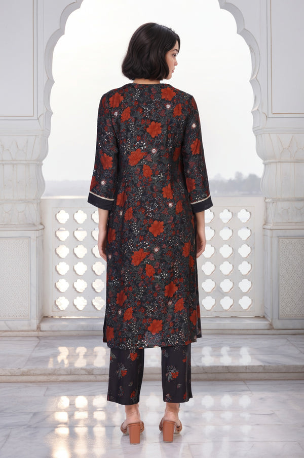 Black Floral Embroidered Straight Crape Kurta