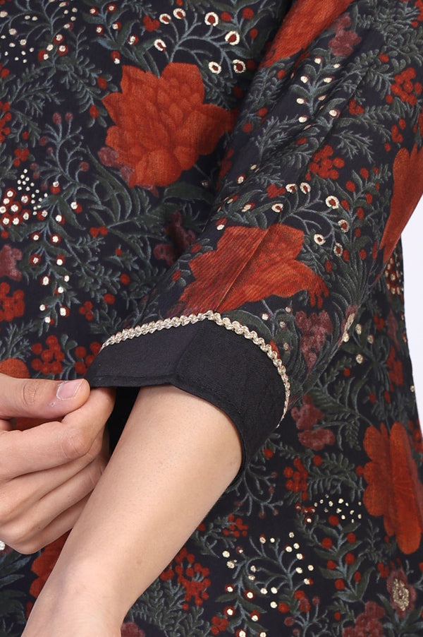 Black Floral Embroidered Straight Crape Kurta
