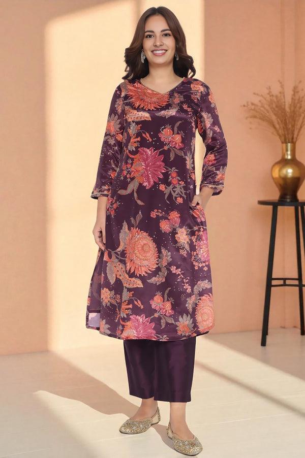 Wine Printed Chinon A-line Kurta with Embellished Neck