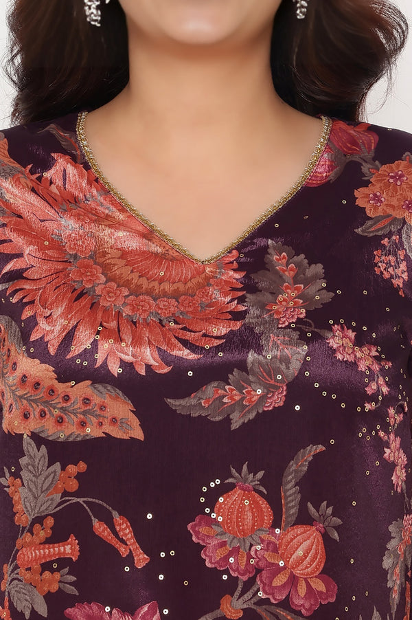 Wine Printed Chinon A-line Kurta with Embellished Neck