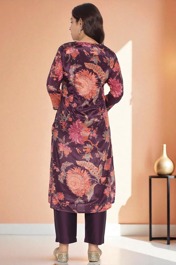 Wine Printed Chinon A-line Kurta with Embellished Neck