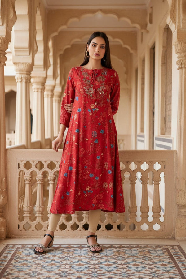 Red Floral Print Embroidered Sequined A-Line Shantung Kurta
