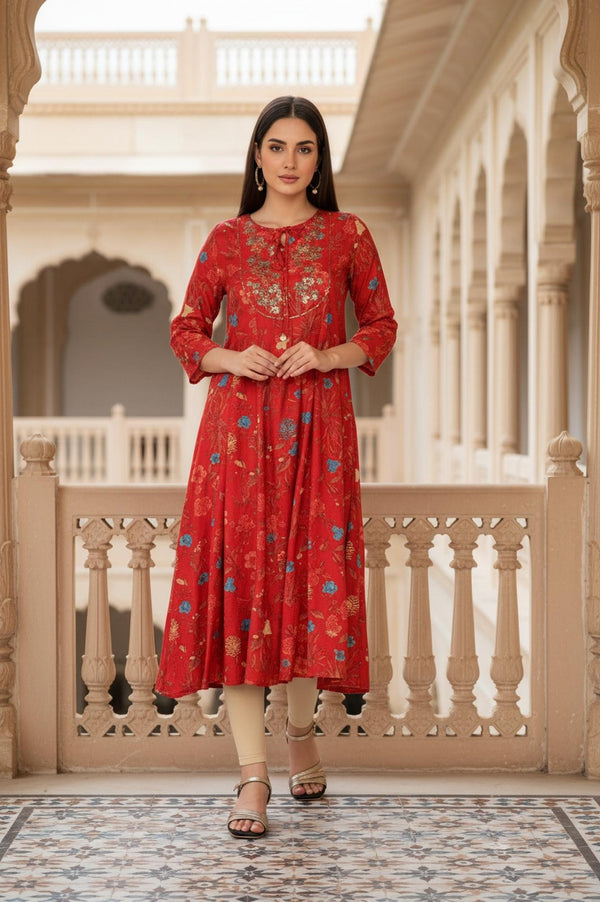 Red Floral Print Embroidered Sequined A-Line Shantung Kurta