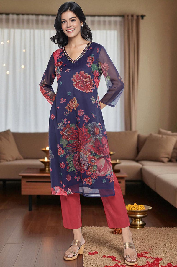 Midnight Blue Printed Silver Chiffon A-line Kurta