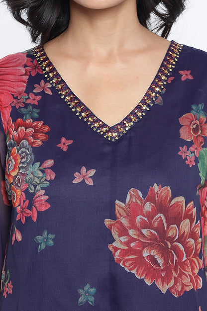 Midnight Blue Printed Silver Chiffon A-line Kurta