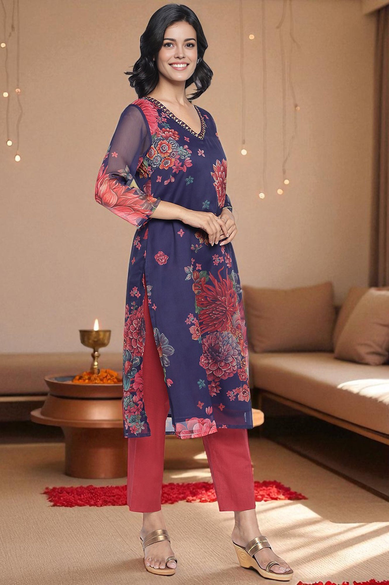 Midnight Blue Printed Silver Chiffon A-line Kurta