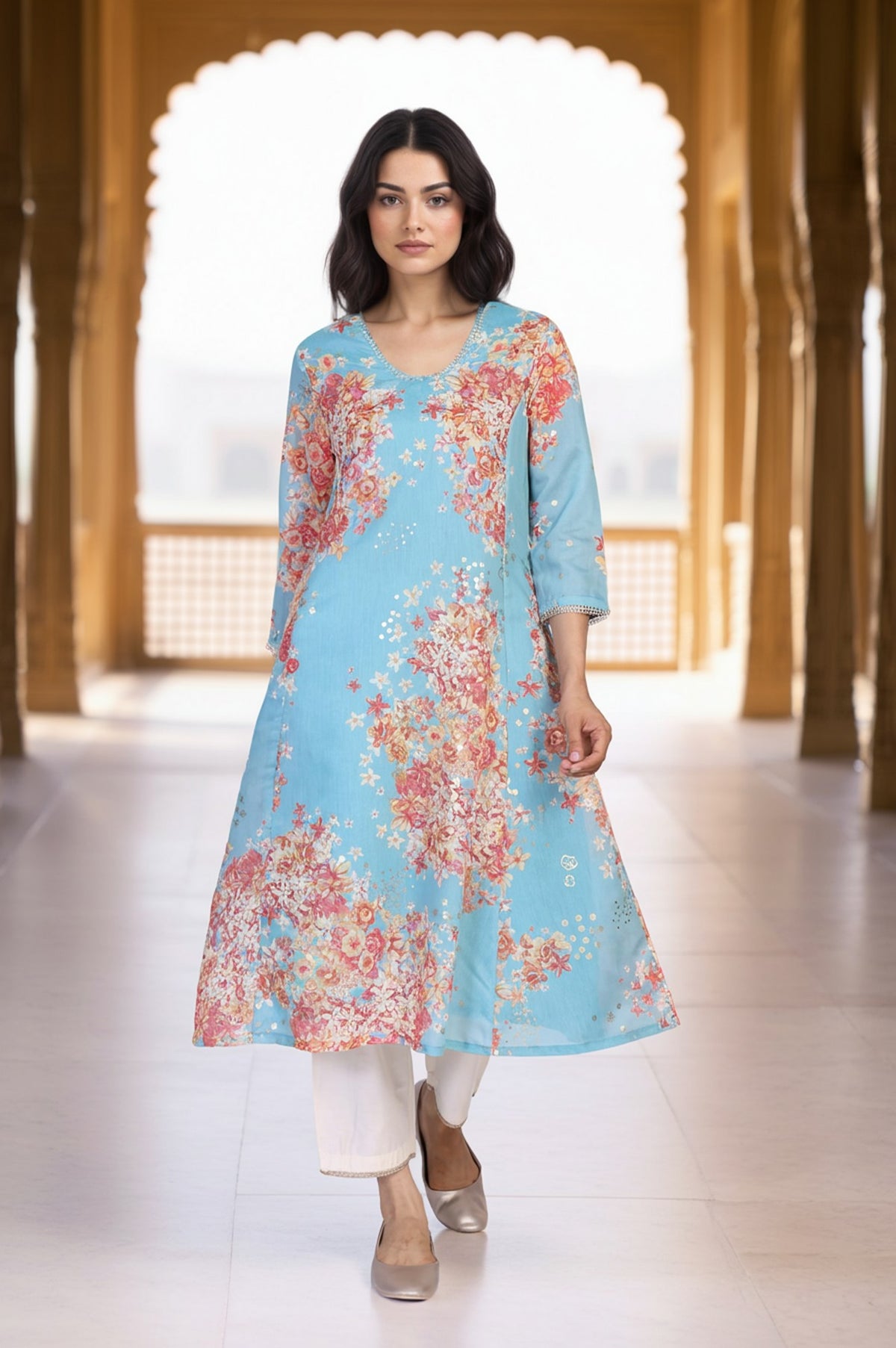 Turquoise Blue Floral Print Tape A-Line Chanderi Kurta - XS