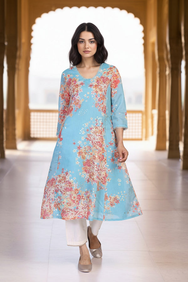 Turquoise Blue Floral Print Tape A-Line Chanderi Kurta