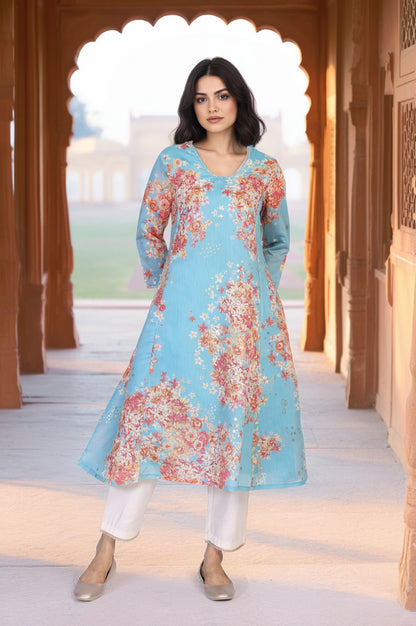 Turquoise Blue Floral Print Tape A-Line Chanderi Kurta