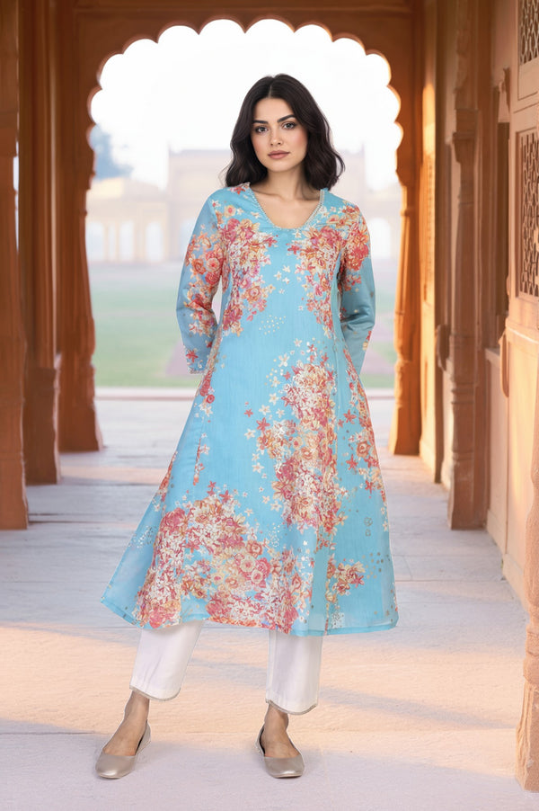 Turquoise Blue Floral Print Tape A-Line Chanderi Kurta