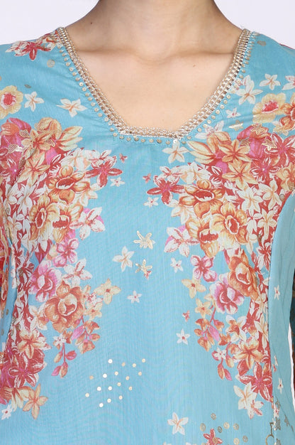 Turquoise Blue Floral Print Tape A-Line Chanderi Kurta