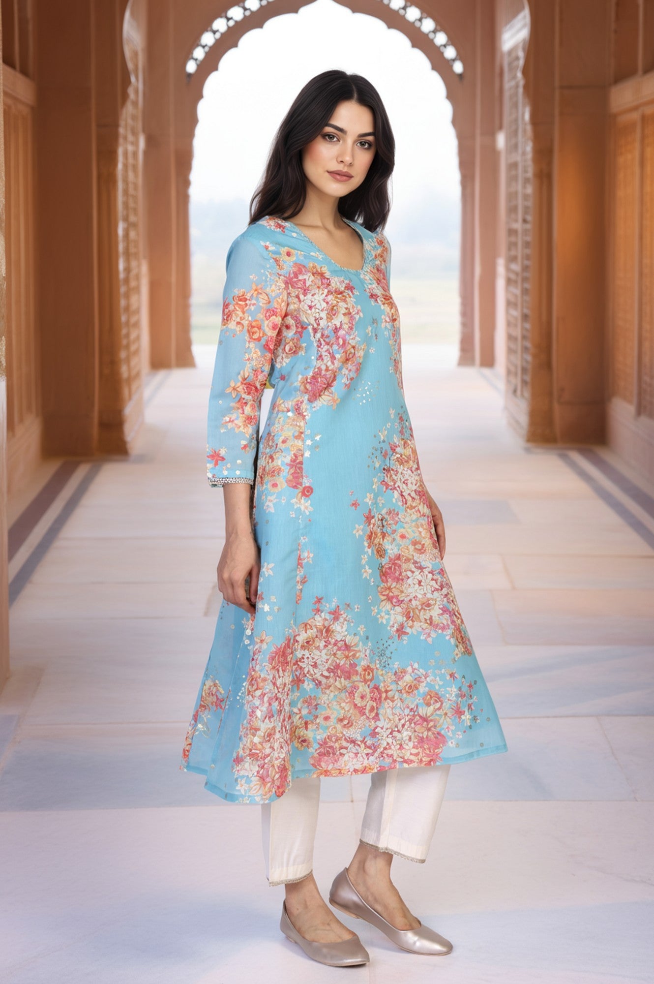 Turquoise Blue Floral Print Tape A-Line Chanderi Kurta
