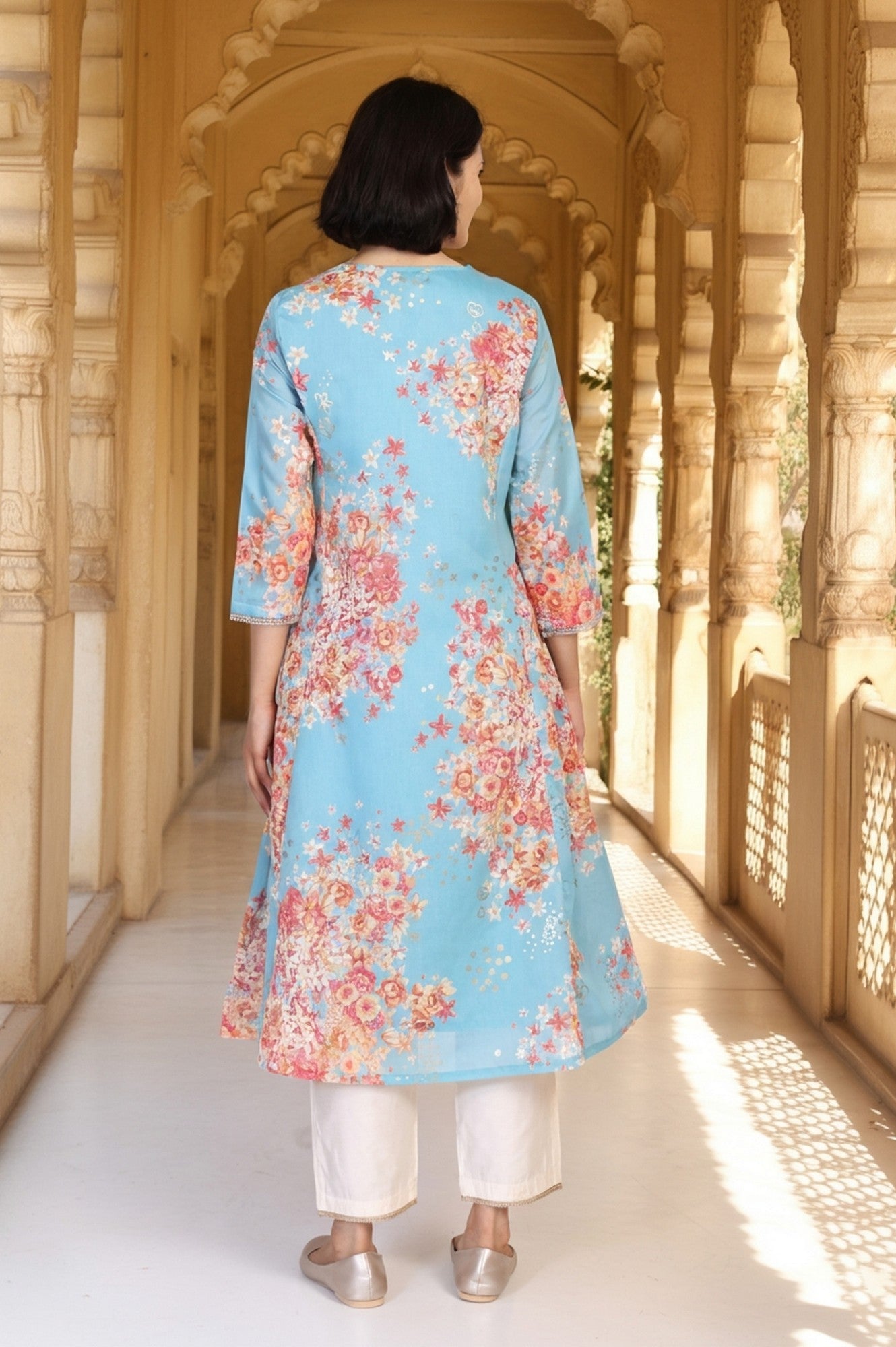 Turquoise Blue Floral Print Tape A-Line Chanderi Kurta