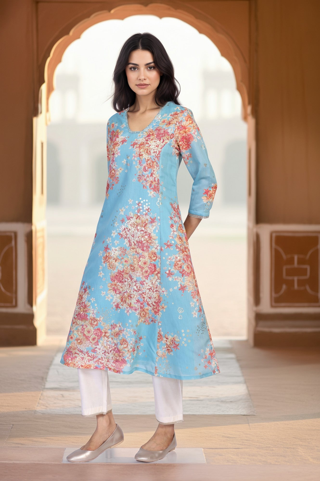Turquoise Blue Floral Print Tape A-Line Chanderi Kurta