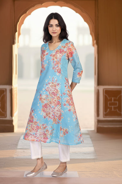 Turquoise Blue Floral Print Tape A-Line Chanderi Kurta