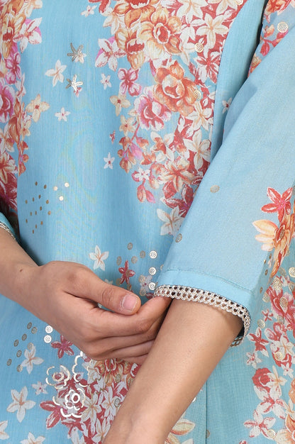 Turquoise Blue Floral Print Tape A-Line Chanderi Kurta
