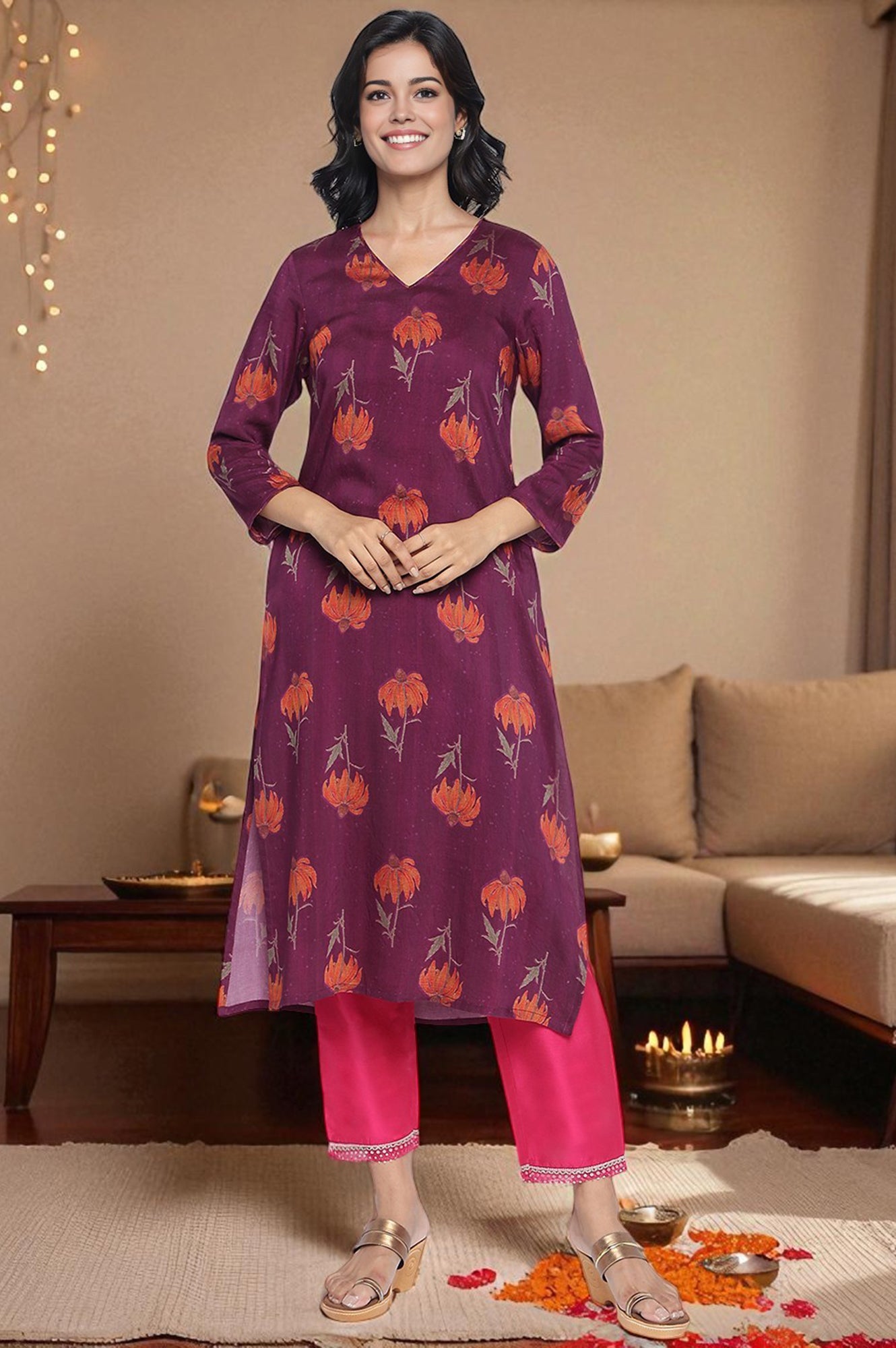 Wine Printed Crepe Straight Kurta