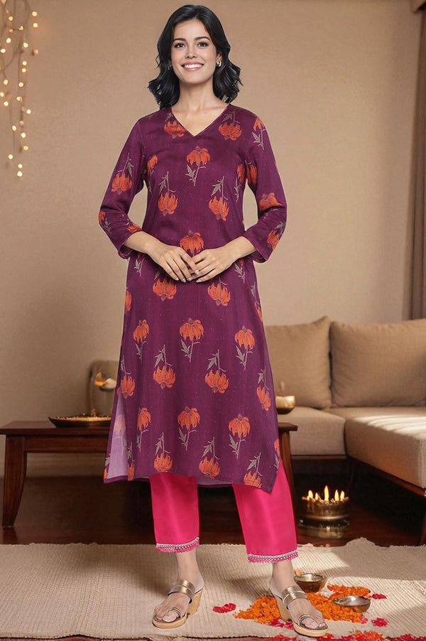Wine Printed Crepe Straight Kurta