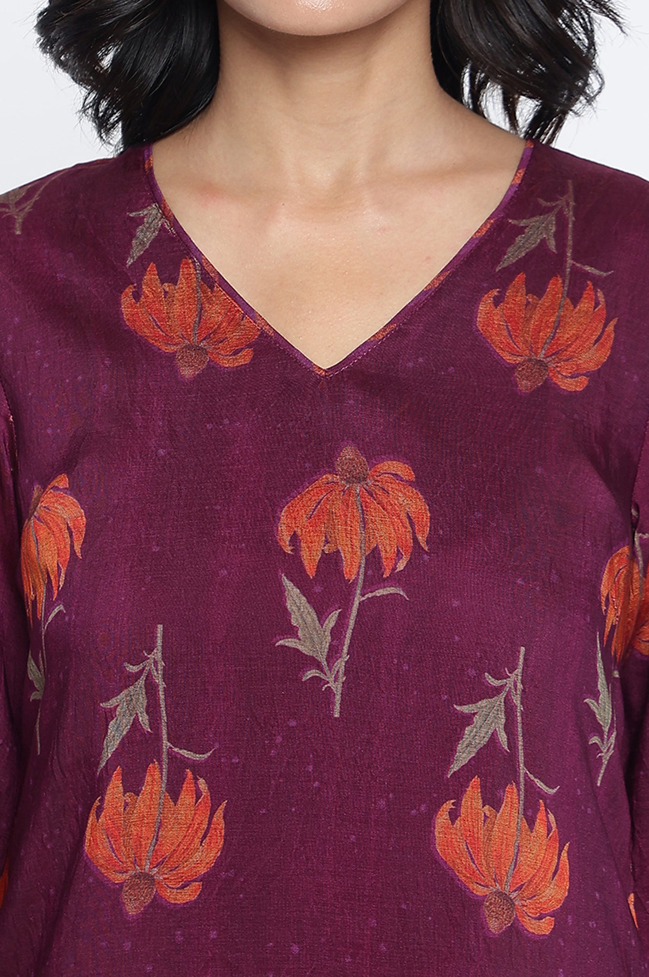 Wine Printed Crepe Straight Kurta