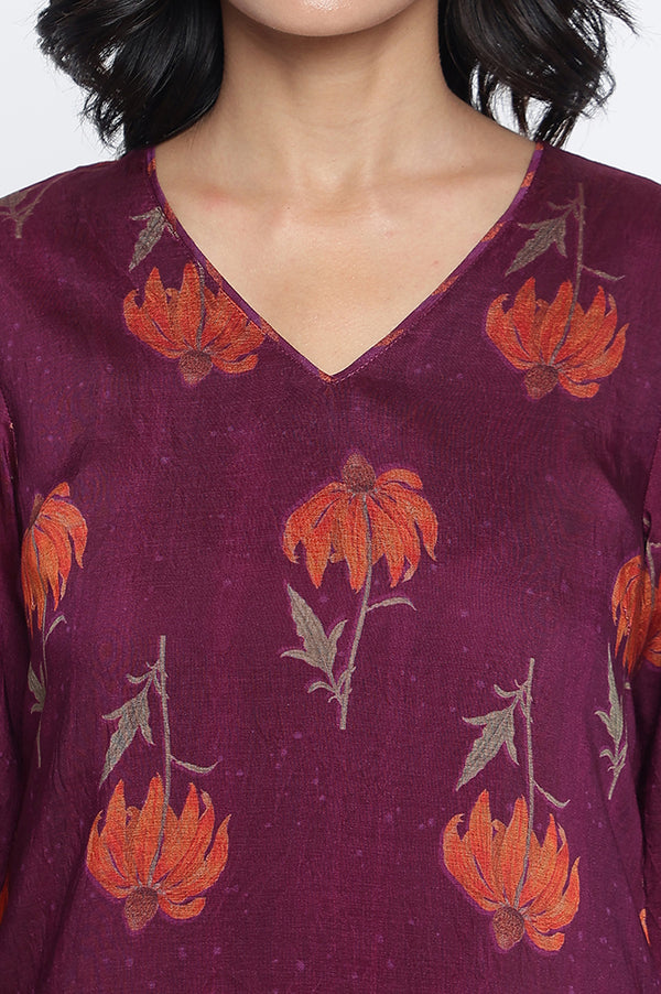 Wine Printed Crepe Straight Kurta