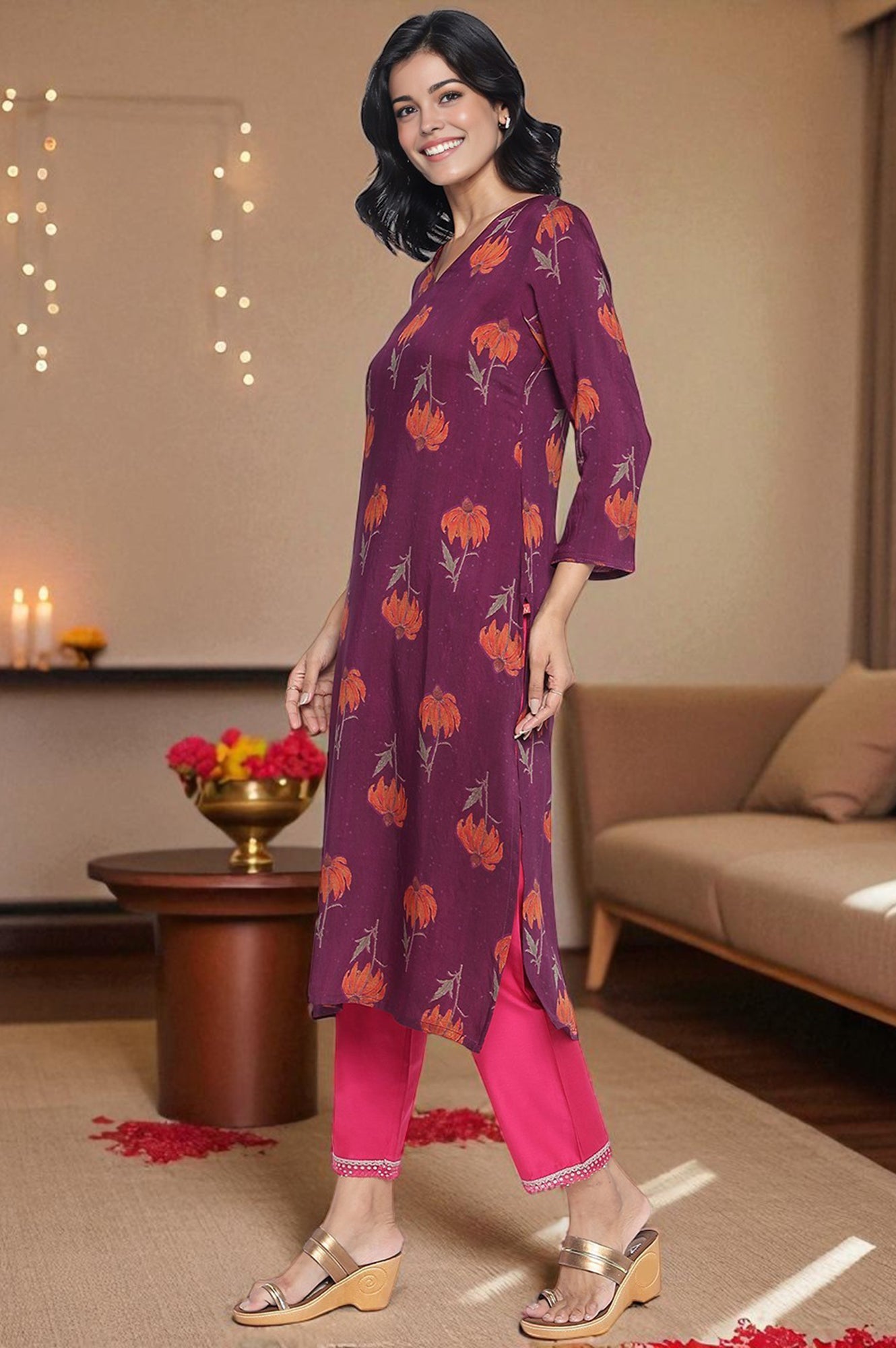 Wine Printed Crepe Straight Kurta