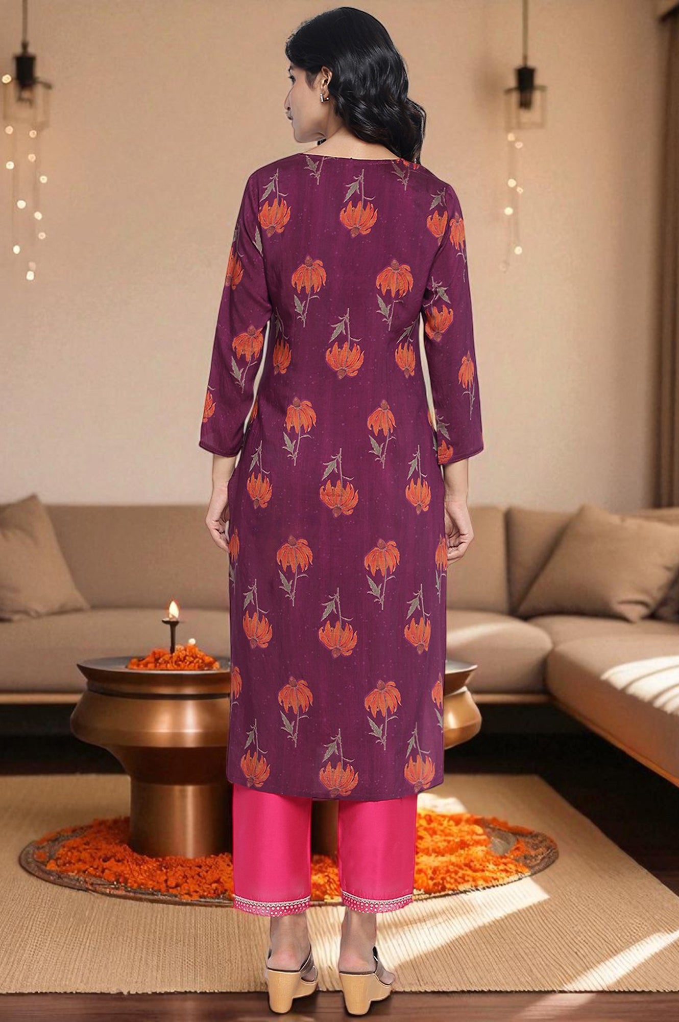 Wine Printed Crepe Straight Kurta