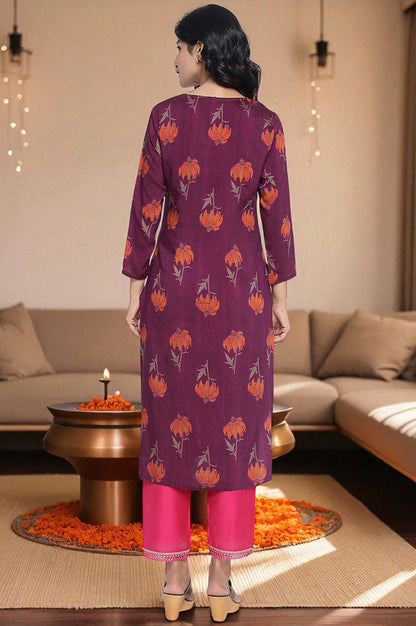 Wine Printed Crepe Straight Kurta